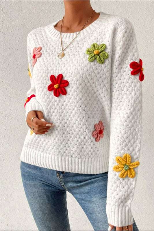 Blue Zone Planet |  Crochet Flower Round Neck Long Sleeve Sweater