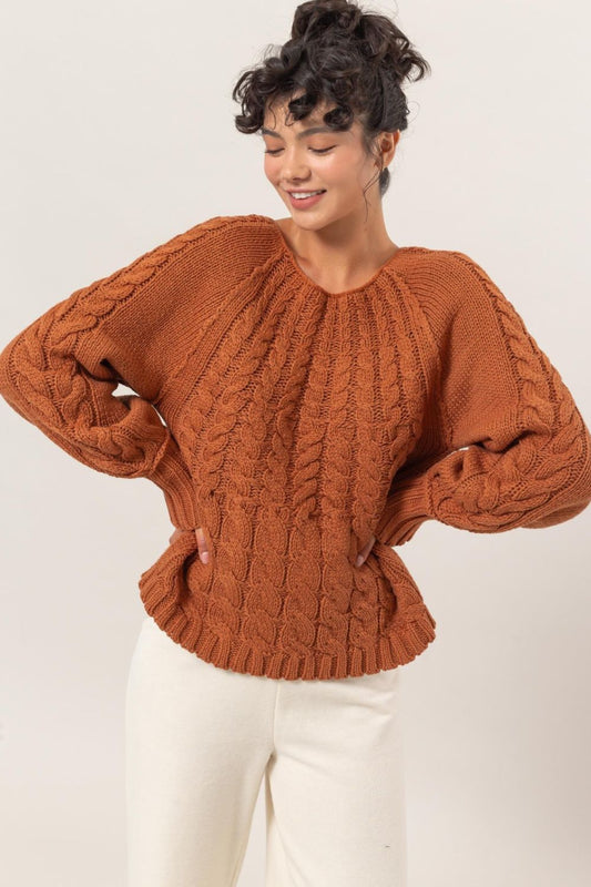 Blue Zone Planet | HYFVE Cable-Knit Round Neck Raglan Sleeve Sweater-TOPS / DRESSES-[Adult]-[Female]-Rust-S-2022 Online Blue Zone Planet