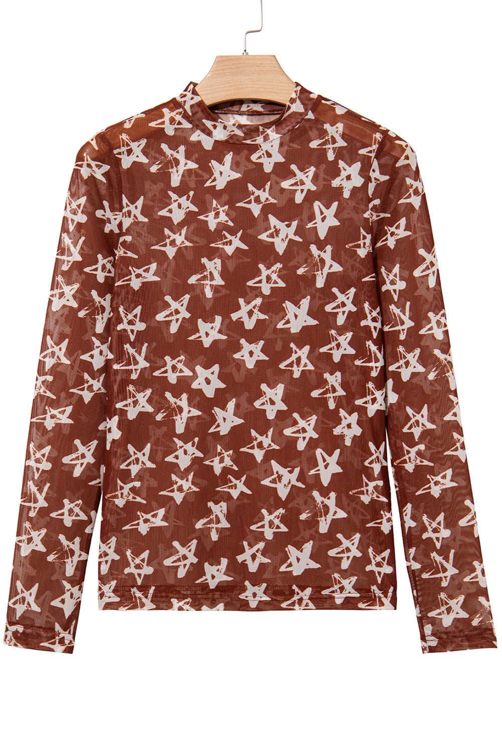 Red Mesh Star Print Mock Neck Sheath Long Sleeve Top-Tops/Long Sleeve Tops-[Adult]-[Female]-2022 Online Blue Zone Planet