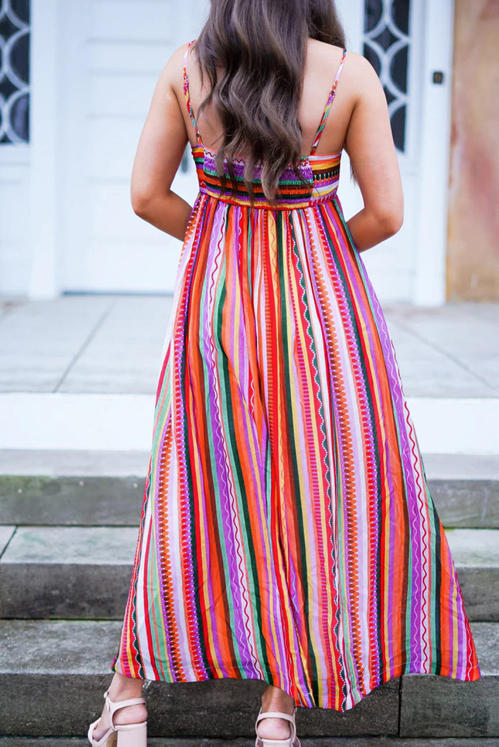 Blue Zone Planet |  Marisol's Multicolour Striped Thin Straps Smocked Back Boho Maxi Dress Blue Zone Planet