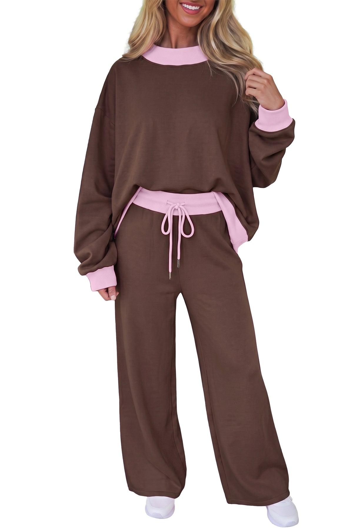 Light Pink Color Block Trim Long Sleeve Pullover Drawstring Shift Pants Set-Two Piece Sets/Pant Sets-[Adult]-[Female]-2022 Online Blue Zone Planet