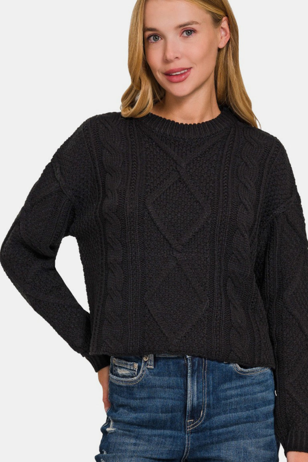 Blue Zone Planet | Zenana Cropped High Low Cable Sweater with Side Slits-TOPS / DRESSES-[Adult]-[Female]-Black-S-2022 Online Blue Zone Planet