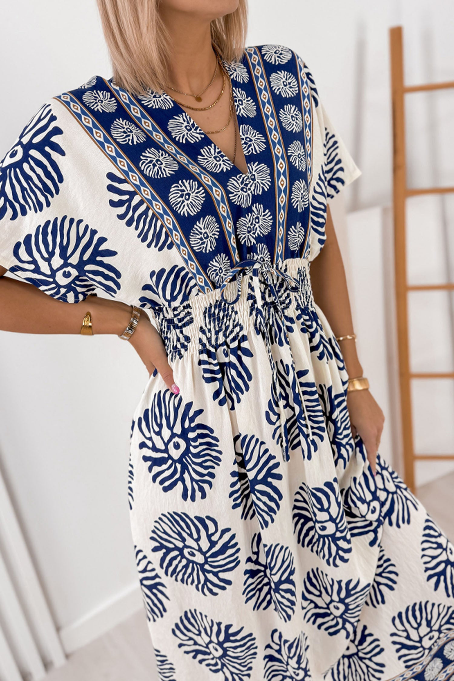 Blue Boho Floral Print Contrast Patchwork V Neck Dolman Maxi Dress-TOPS / DRESSES-[Adult]-[Female]-2022 Online Blue Zone Planet