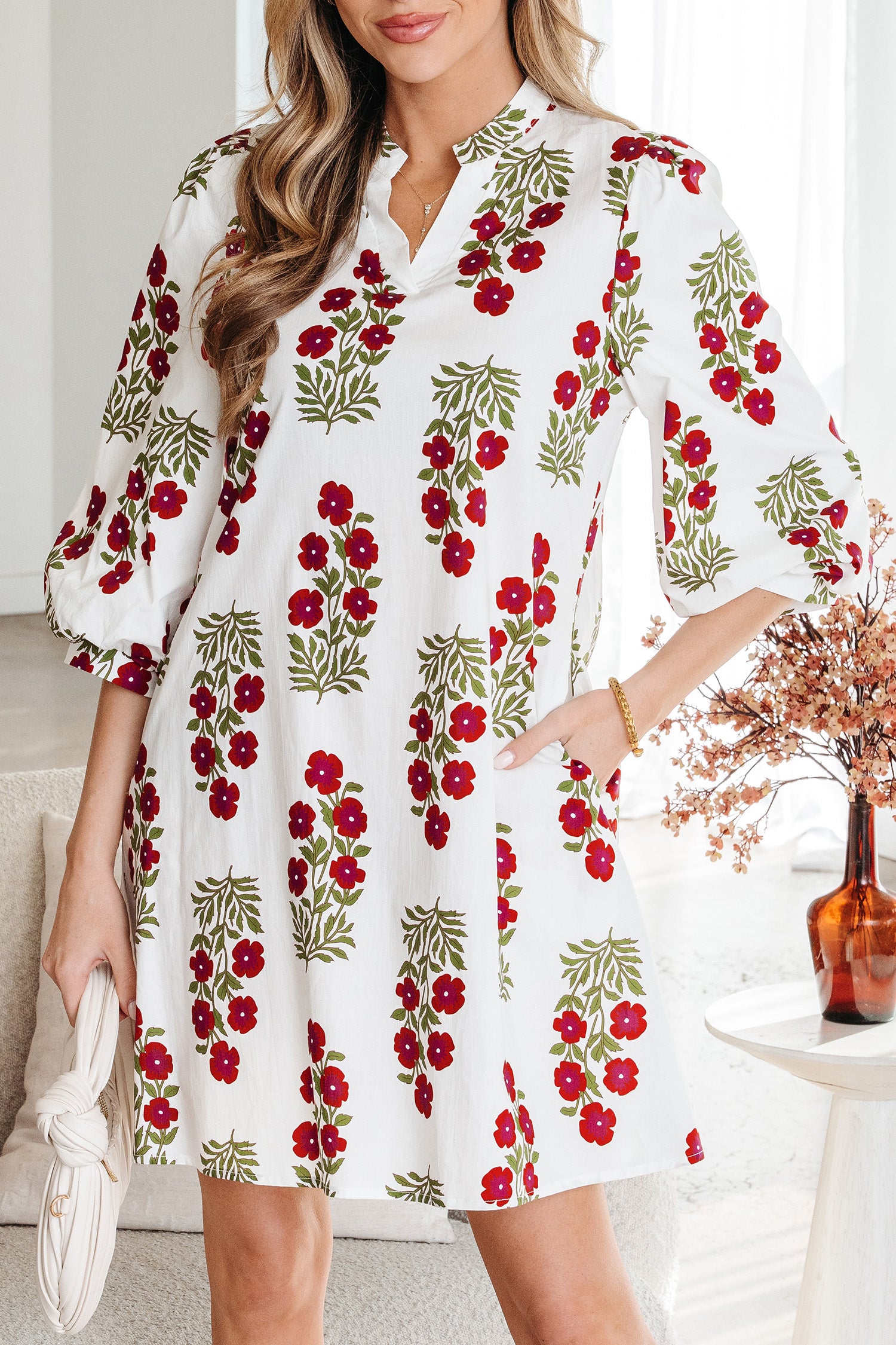 White Floral Print V Neck 3/4 Sleeve Loose Mini Dress-TOPS / DRESSES-[Adult]-[Female]-2022 Online Blue Zone Planet