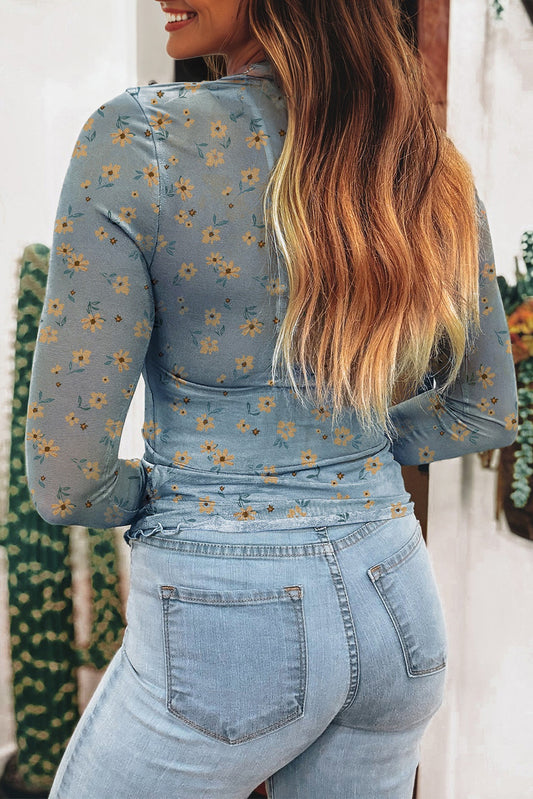 Sky Blue Vintage Floral Print Southern Style Mesh Long Sleeve Top-Tops/Long Sleeve Tops-[Adult]-[Female]-2022 Online Blue Zone Planet