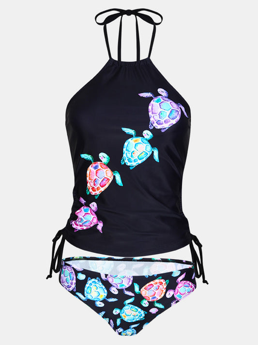 Tortoise Printed Halter Neck Two-Piece Swim Set-TOPS / DRESSES-[Adult]-[Female]-Black-S-2022 Online Blue Zone Planet