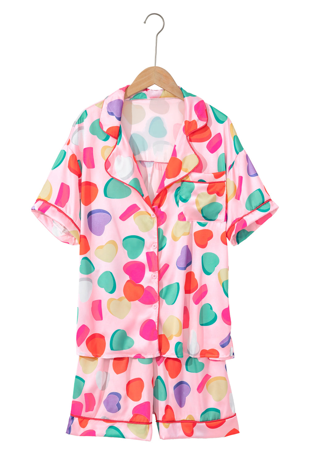 Pink Full Heart Pattern Shirt and Shorts Satin Pajama Set-Loungewear Set-[Adult]-[Female]-2022 Online Blue Zone Planet