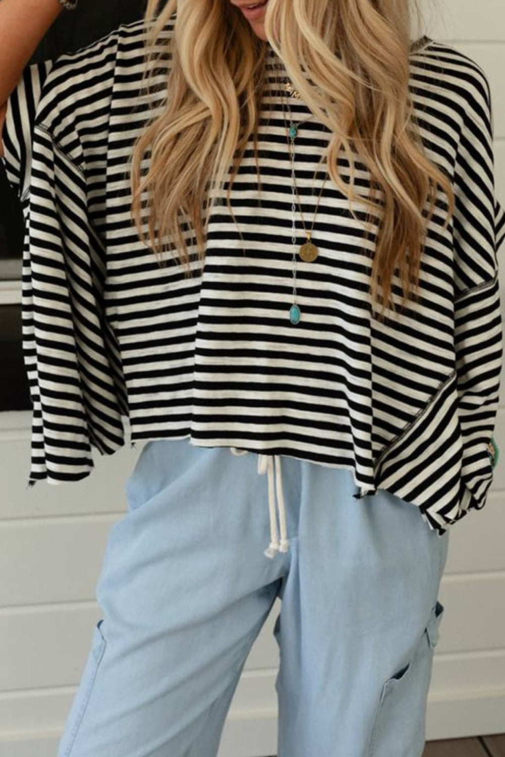 Khaki Striped Batwing Sleeve Oversized Top-Oversized T Shirt-[Adult]-[Female]-Black Stripe-S-2022 Online Blue Zone Planet