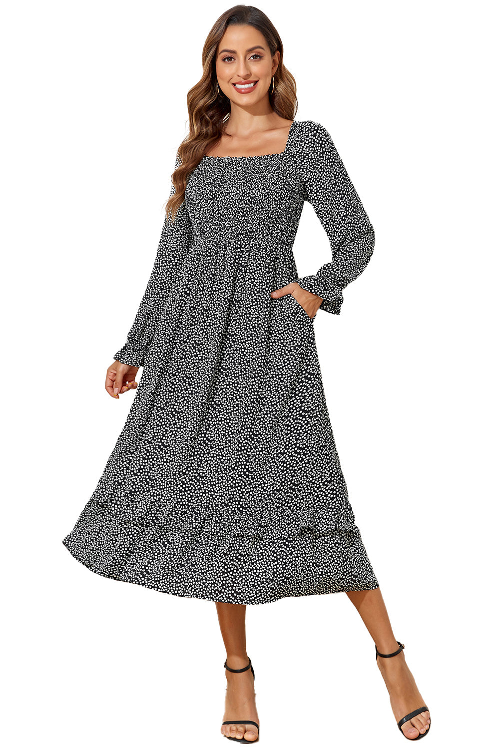 Blue Zone Planet | Black Floral Printed Long Sleeve Square Neck Midi Dress-TOPS / DRESSES-[Adult]-[Female]-2022 Online Blue Zone Planet