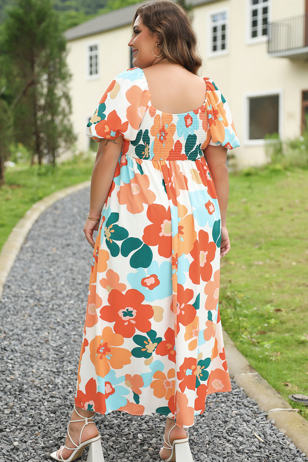 Blue Zone Planet | Orange Plus Size Flower Print Shirred Square Neck Maxi Dress-TOPS / DRESSES-[Adult]-[Female]-2022 Online Blue Zone Planet