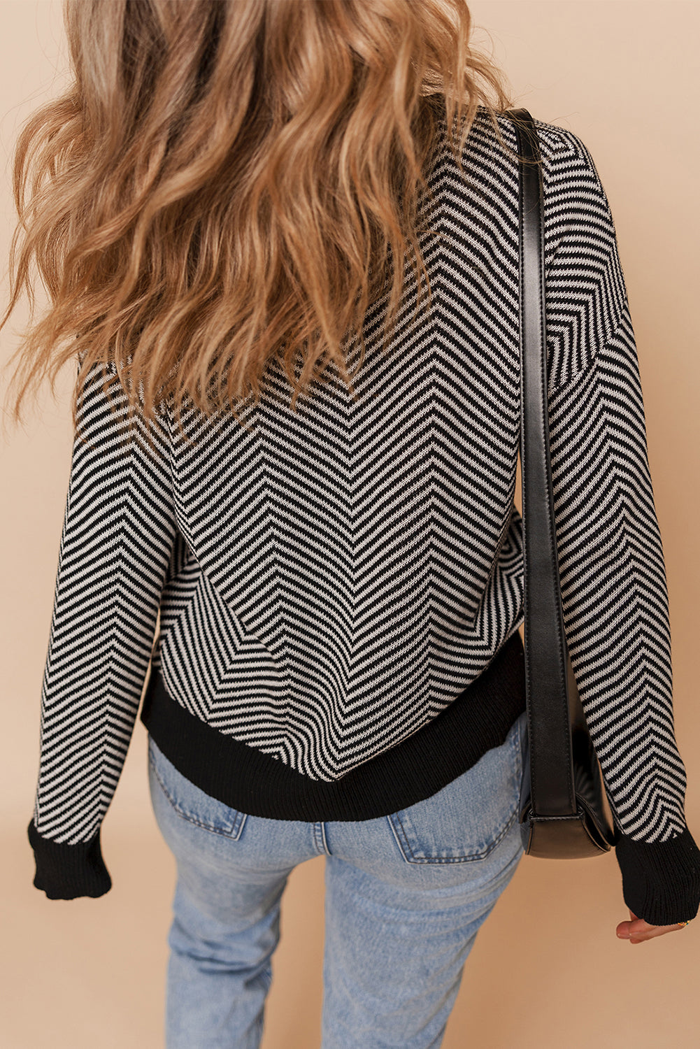 Black Stripe Buttoned Front V Neck Herringbone Cardigan-Sweaters & Cardigans/Cardigans-[Adult]-[Female]-2022 Online Blue Zone Planet