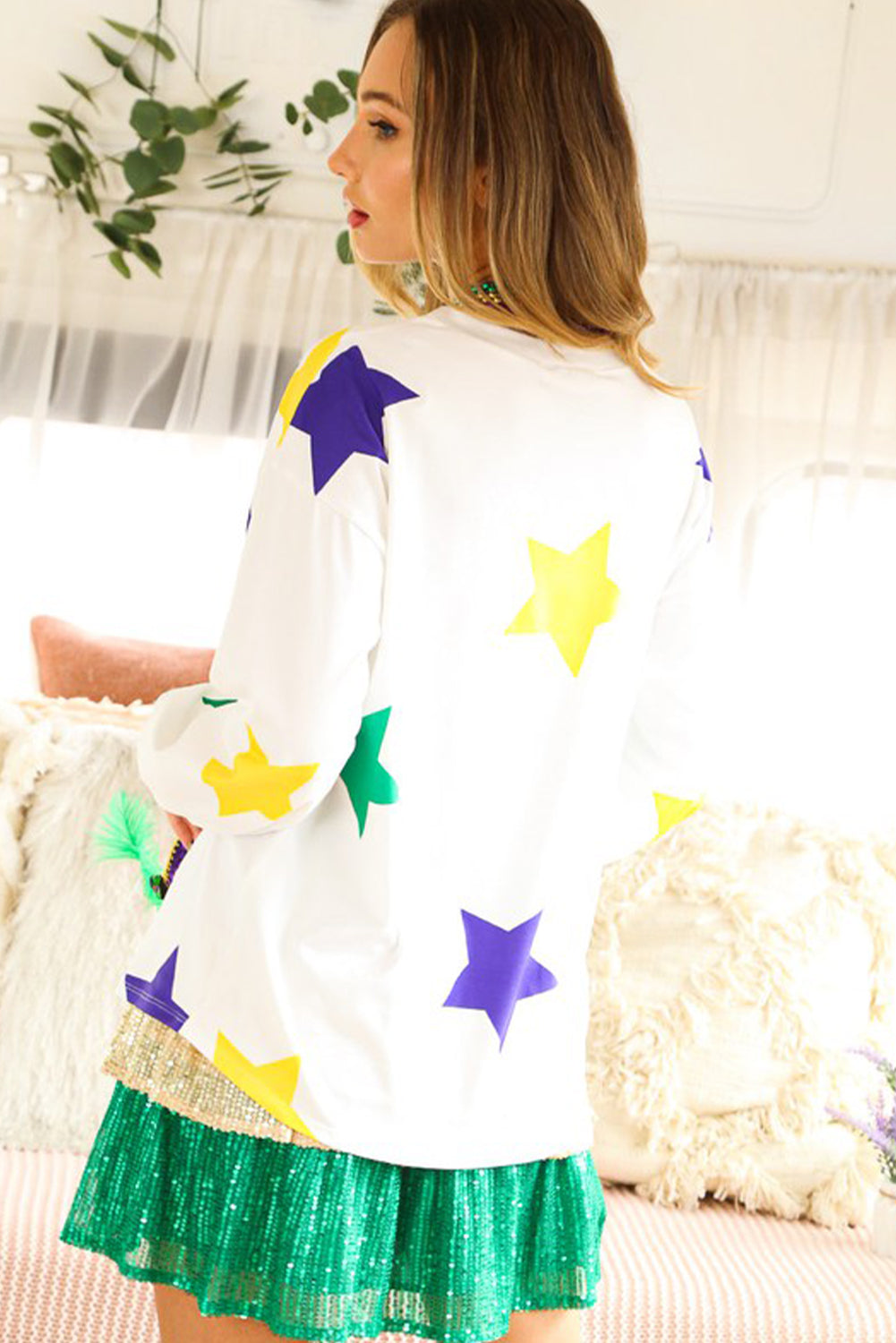 White Mardi Gras Star Printed Long Sleeve Top-Tops/Long Sleeve Tops-[Adult]-[Female]-2022 Online Blue Zone Planet