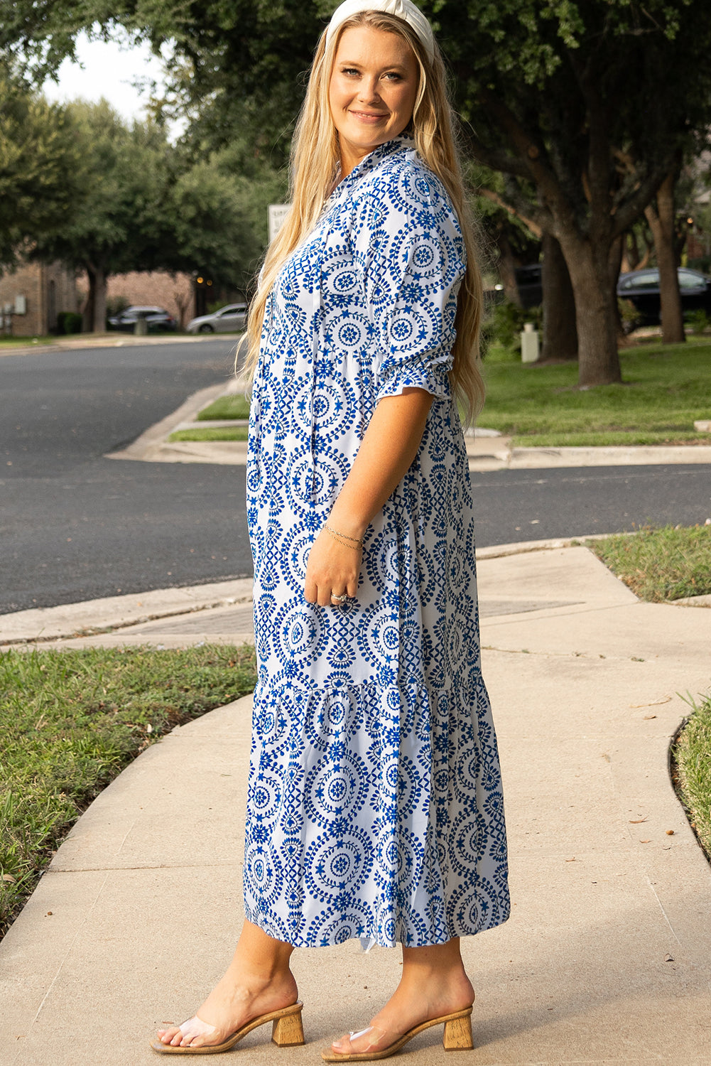 Blue Zone Planet | Sky Blue Geometric Print Lace-up Notch Neck Plus Size Maxi Dress-TOPS / DRESSES-[Adult]-[Female]-2022 Online Blue Zone Planet