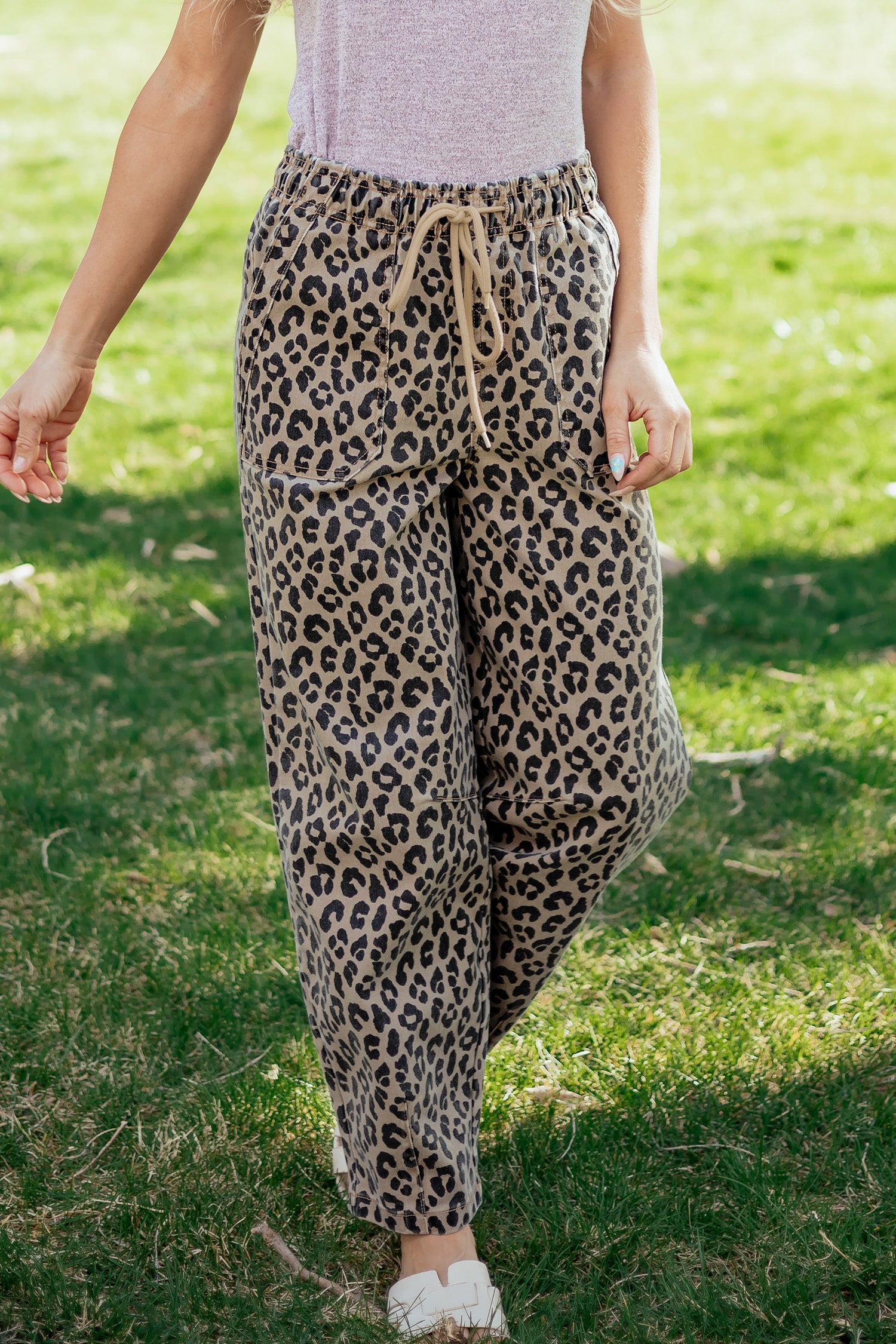 Khaki Leopard Print Drawstring Elastic Waist Loose Denim Pants with Pockets-Bottoms/Jeans-[Adult]-[Female]-2022 Online Blue Zone Planet