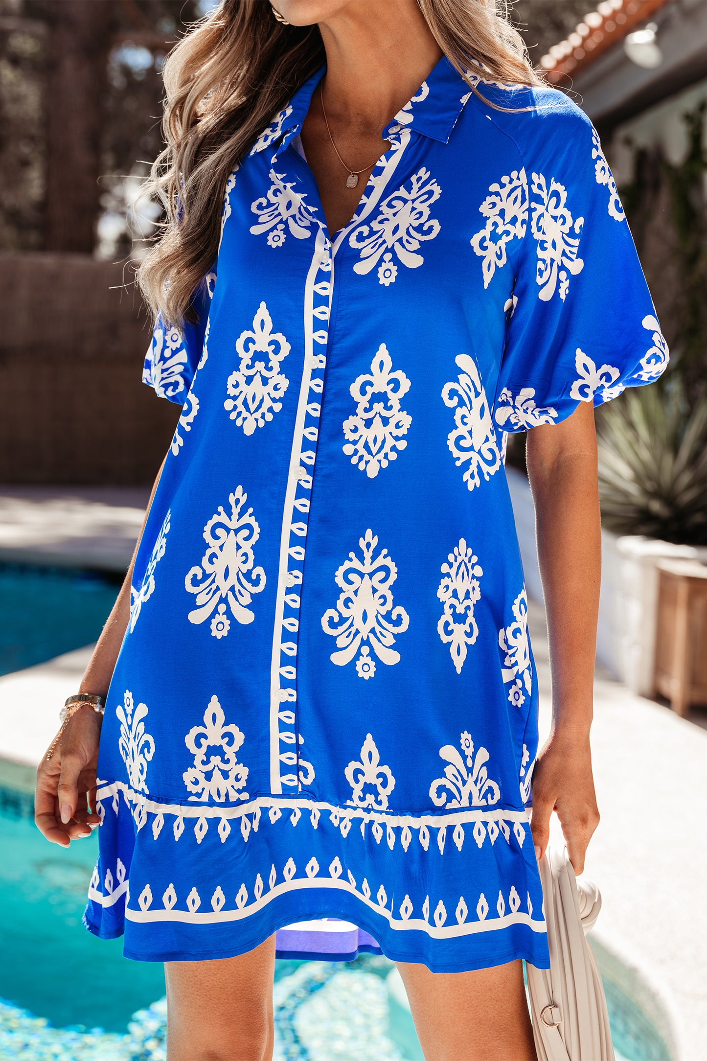 Blue Ethnic Geometric Print Collared Button Front Short Puff Sleeve Mini Dress-TOPS / DRESSES-[Adult]-[Female]-2022 Online Blue Zone Planet