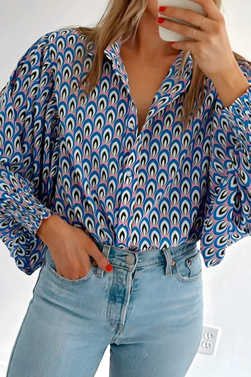 Sky Blue Abstract Print Shirred Cuff Buttoned Oversized Shirt-Tops/Blouses & Shirts-[Adult]-[Female]-Sky Blue-S-2022 Online Blue Zone Planet