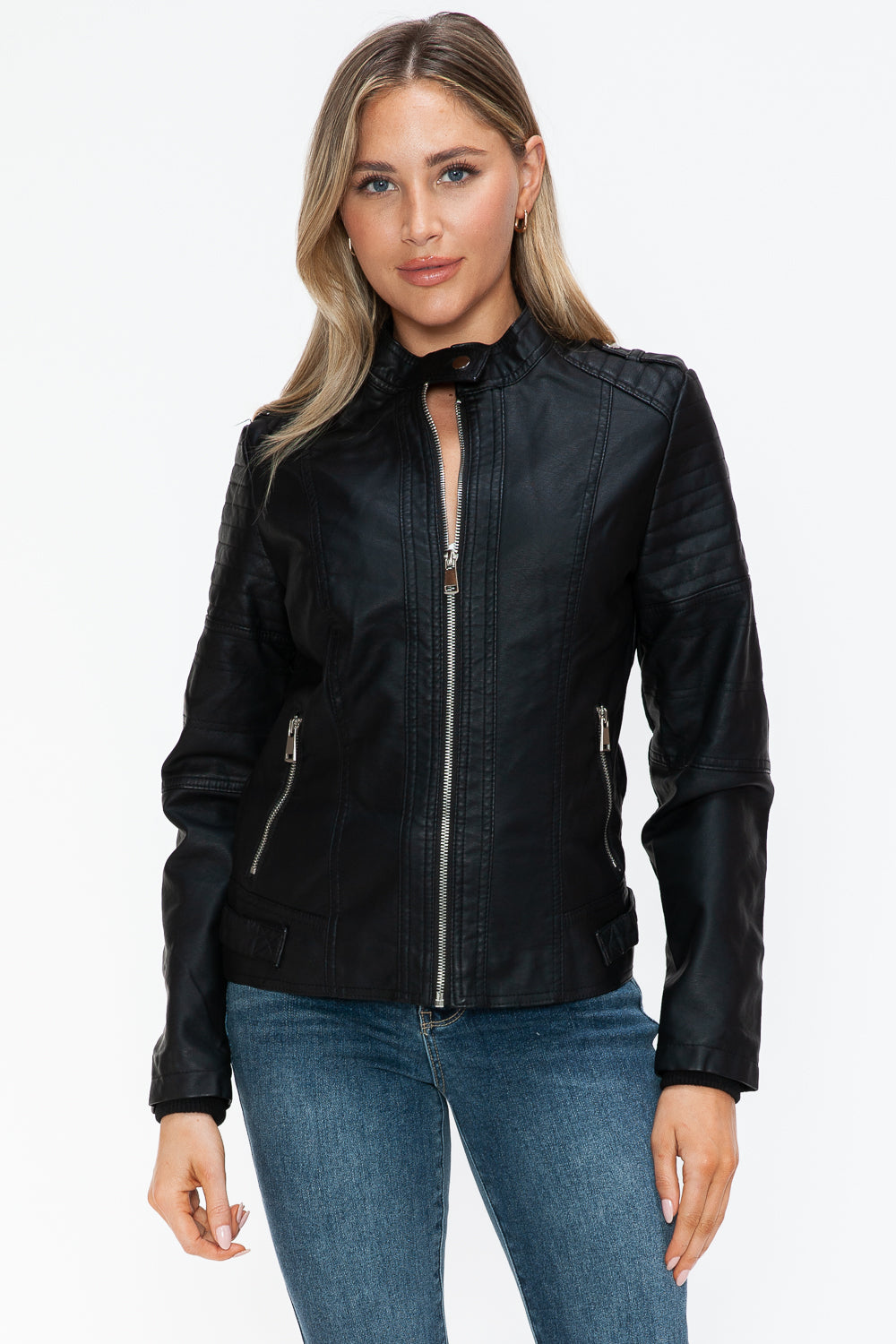 Blue Zone Planet | Snobbish PU Leather Biker Jacket with Side Zip Pockets-TOPS / DRESSES-[Adult]-[Female]-2022 Online Blue Zone Planet