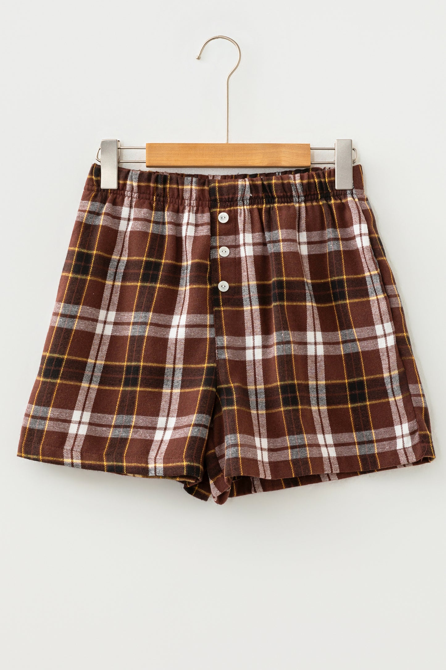 Brown Plaid Button Front Elastic Waist Shorts-Bottoms/Casual Shorts-[Adult]-[Female]-2022 Online Blue Zone Planet