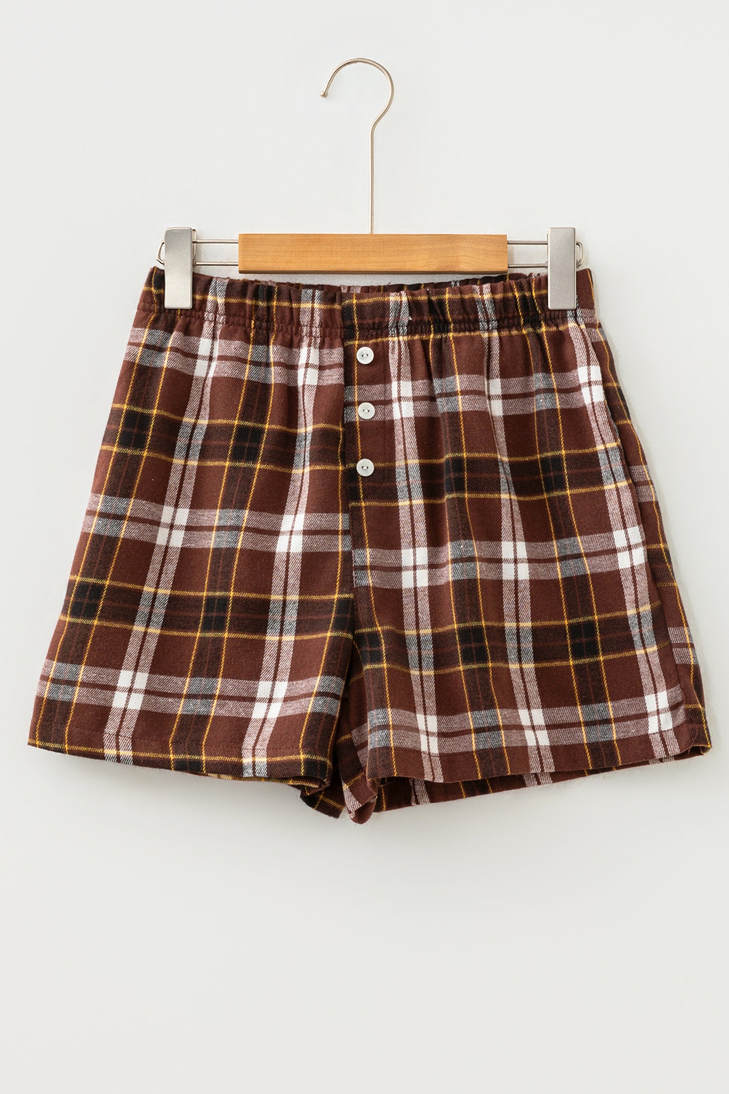 Brown Plaid Button Front Elastic Waist Shorts-Bottoms/Casual Shorts-[Adult]-[Female]-2022 Online Blue Zone Planet