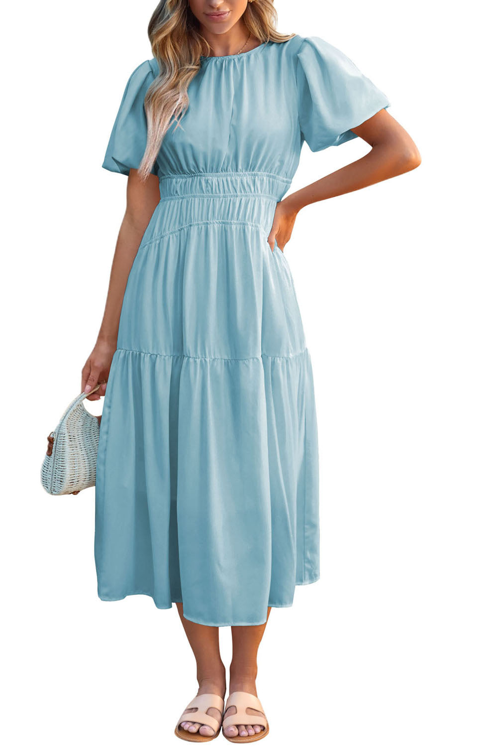 Light Blue Puff Sleeve Pleated High Waist Flowy Long Dress-Dresses/Maxi Dresses-[Adult]-[Female]-2022 Online Blue Zone Planet