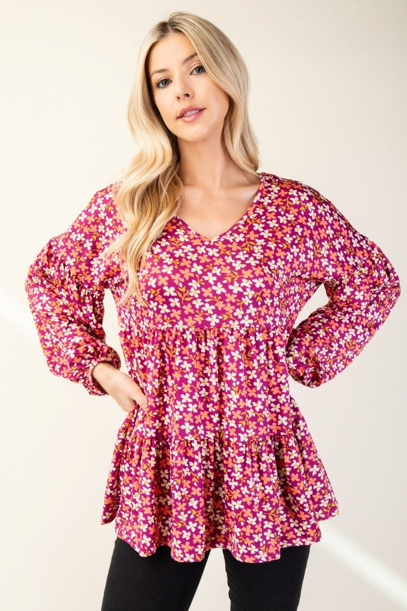 Celeste Full Size Floral V-Neck Balloon Sleeve Blouse-TOPS / DRESSES-[Adult]-[Female]-2022 Online Blue Zone Planet