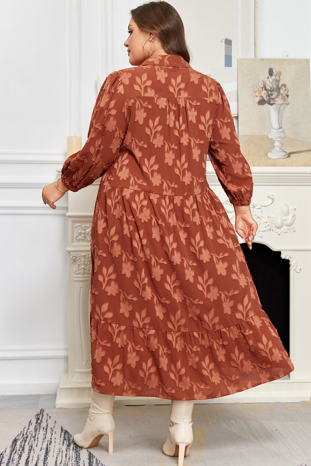 Cinnamon Plus Size Textured 3d Flower Pattern Ruffle Hem 3/4 Sleeve Long Dress-TOPS / DRESSES-[Adult]-[Female]-2022 Online Blue Zone Planet