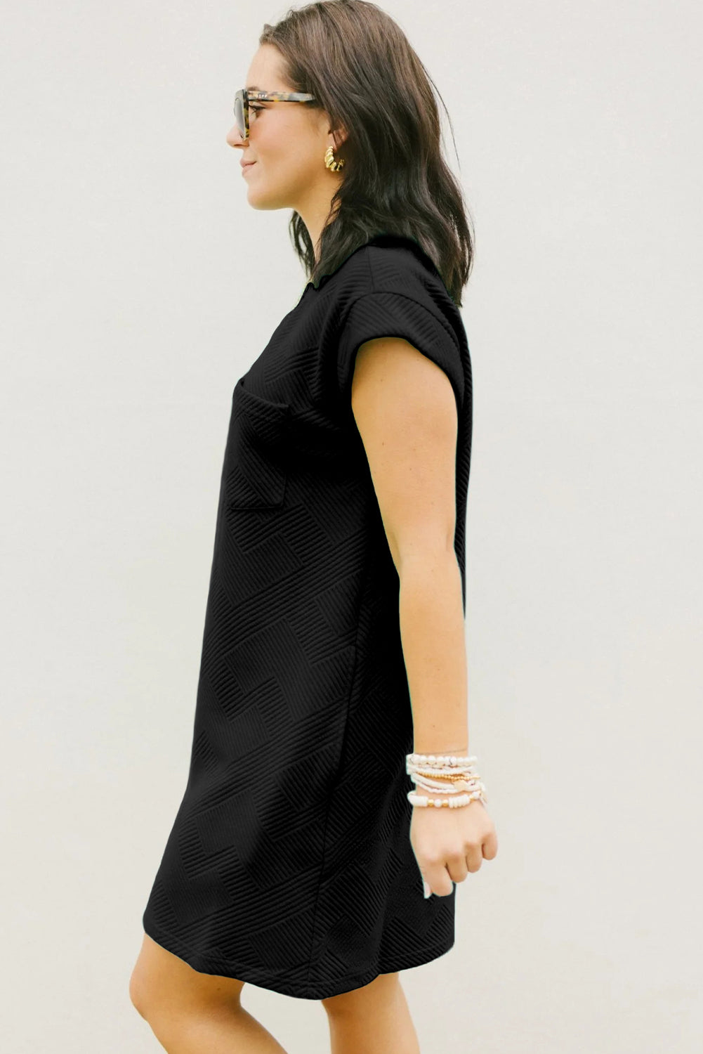 Blue Zone Planet | Black Textured Cap Sleeve T Shirt Dress-TOPS / DRESSES-[Adult]-[Female]-2022 Online Blue Zone Planet