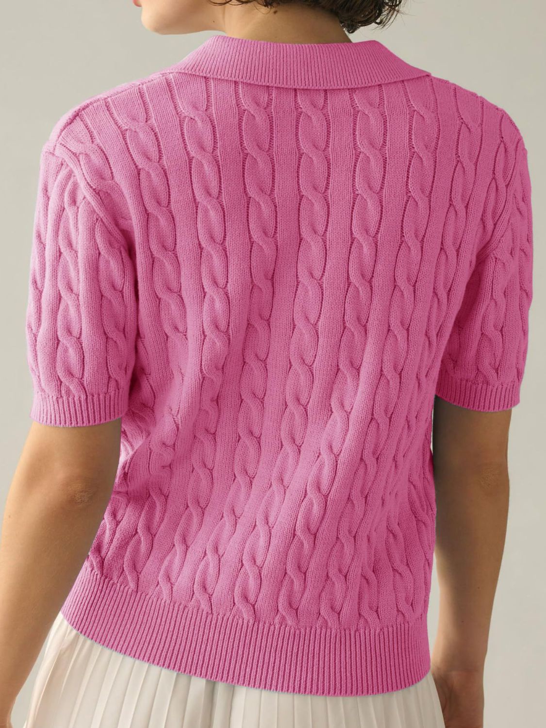 Cable-Knit Collared Neck Half Sleeve Sweater-TOPS / DRESSES-[Adult]-[Female]-2022 Online Blue Zone Planet