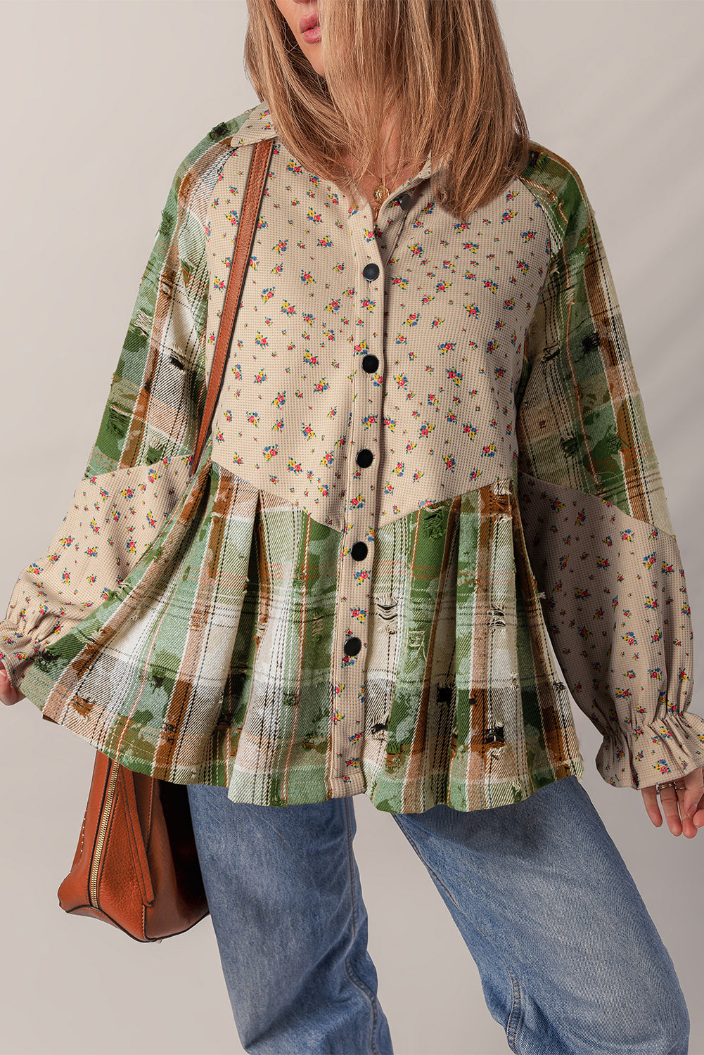 Mist Green Boho Floral Plaid Patchwork Distressed Detail Ruffled Sleeve Waffle Knit Shacket-Outerwear/Plaid Shackets-[Adult]-[Female]-2022 Online Blue Zone Planet