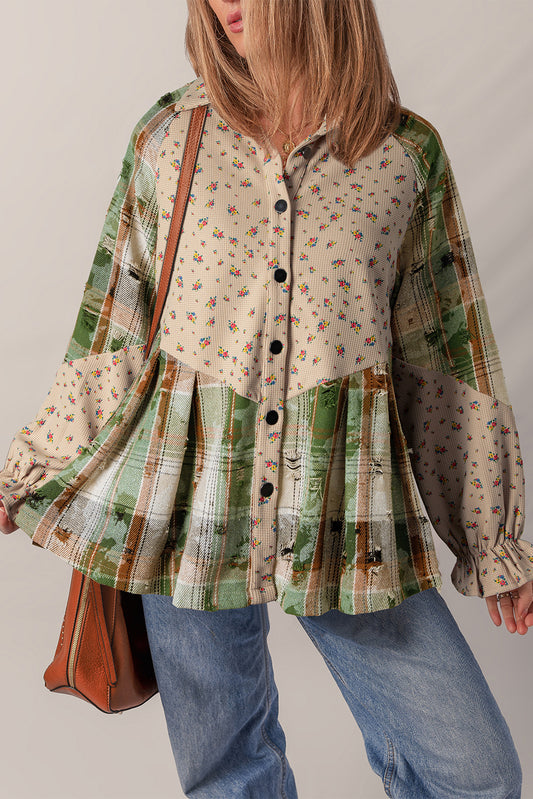 Mist Green Boho Floral Plaid Patchwork Distressed Detail Ruffled Sleeve Waffle Knit Shacket-Outerwear/Plaid Shackets-[Adult]-[Female]-2022 Online Blue Zone Planet