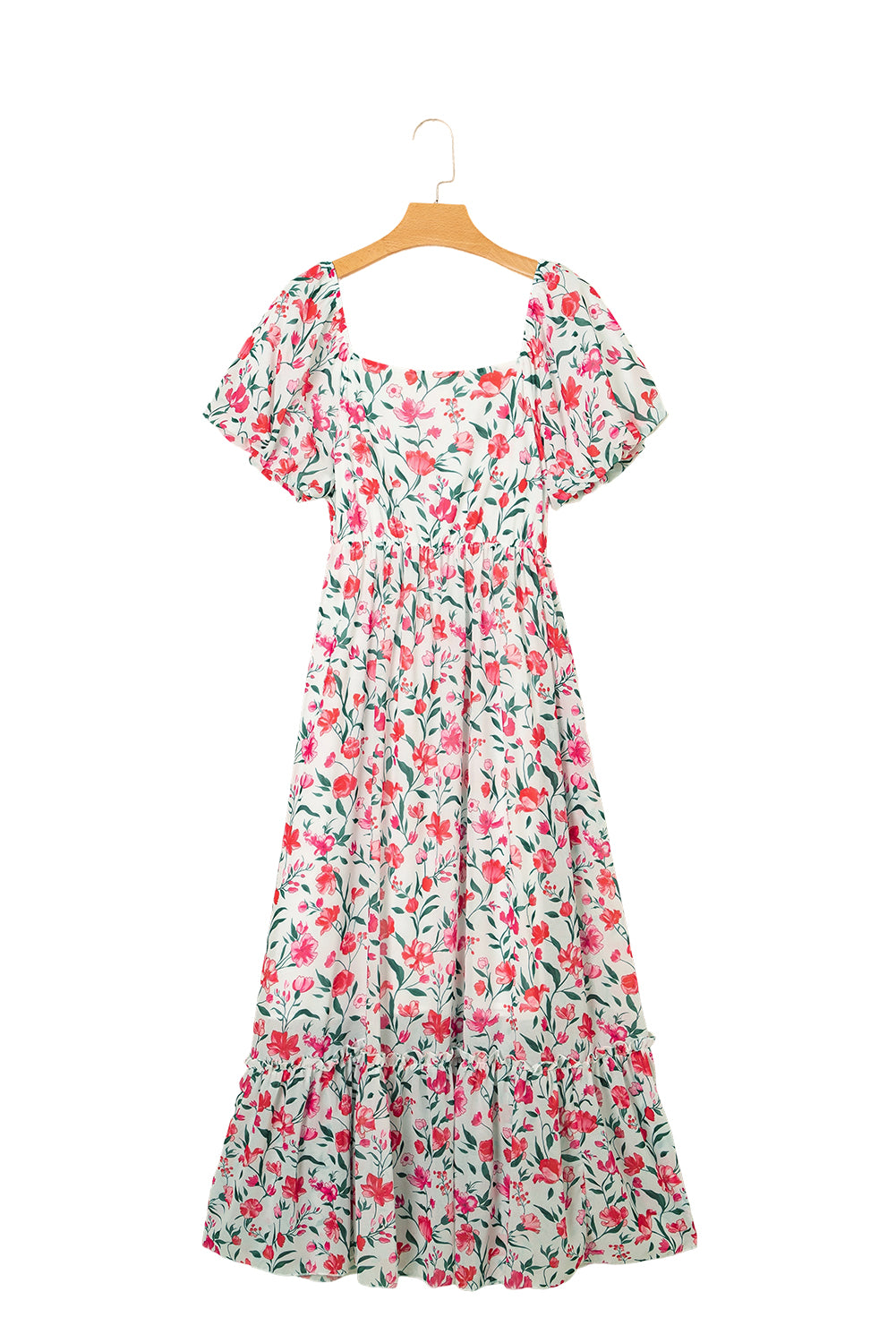 Pink Floral Puff Sleeve Square Neck Empire Waist Tiered Maxi Dress-Dresses/Floral Dresses-[Adult]-[Female]-2022 Online Blue Zone Planet