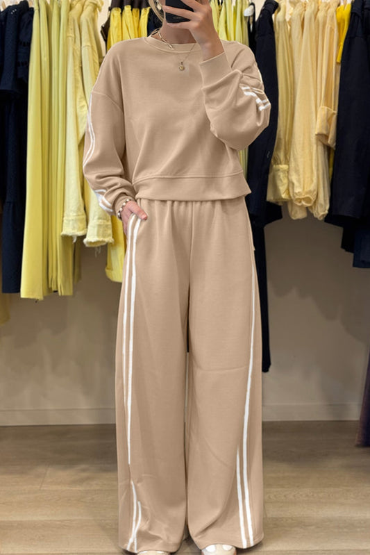 Oatmeal Varsity Striped Detail Crewneck Pullover Elastic Sweatpants 2pcs Outfit-Two Piece Sets/Pant Sets-[Adult]-[Female]-Oatmeal-S-2022 Online Blue Zone Planet