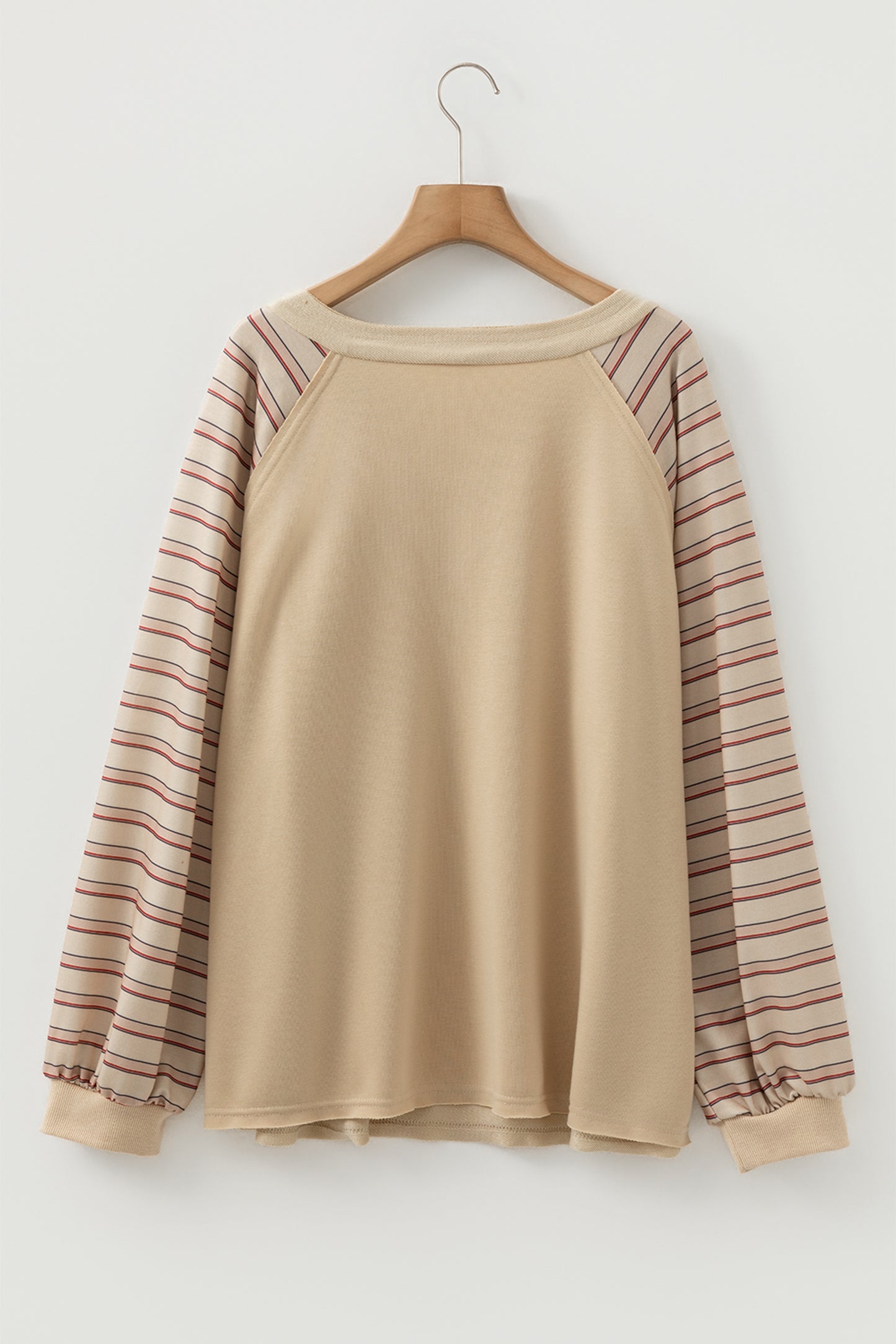 Parchment Striped Raglan Sleeve Notched Neck Raw Edge Plus Size Jumper-Plus Size/Plus Size Tops/Plus Size Long Sleeve Tops-[Adult]-[Female]-2022 Online Blue Zone Planet