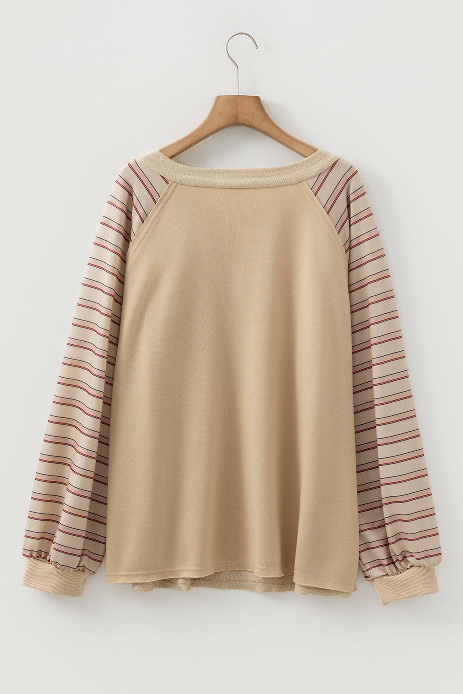 Parchment Striped Raglan Sleeve Notched Neck Raw Edge Plus Size Jumper-Plus Size/Plus Size Tops/Plus Size Long Sleeve Tops-[Adult]-[Female]-2022 Online Blue Zone Planet