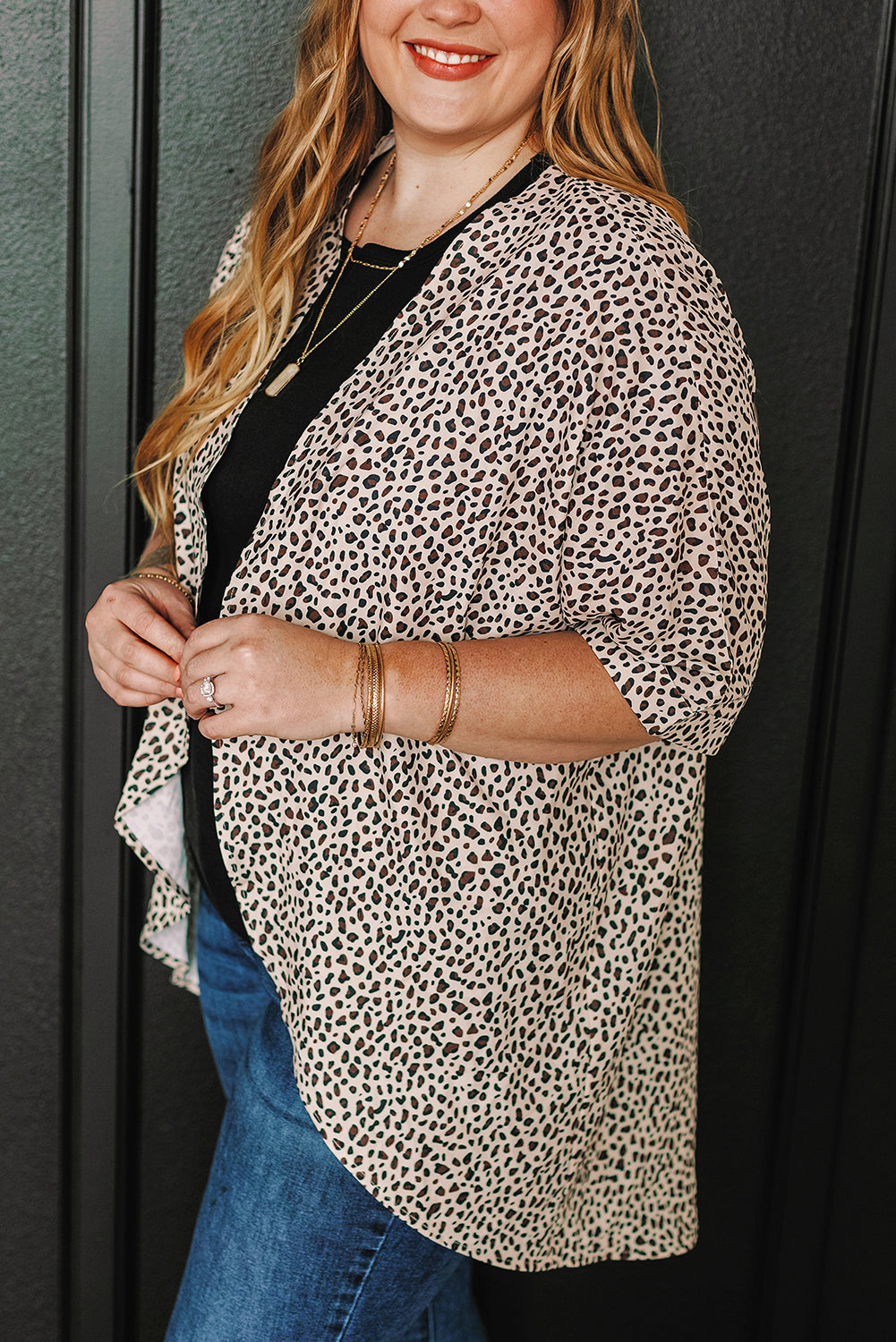 Khaki Plus Size Leopard Print Half Sleeve Open Front Cardigan-Sale (50% OFF)/20% OFF-[Adult]-[Female]-2022 Online Blue Zone Planet