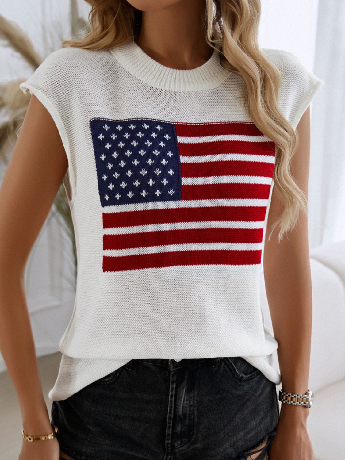 Blue Zone Planet | Devine US Flag Round Neck Sweater Vest-TOPS / DRESSES-[Adult]-[Female]-2022 Online Blue Zone Planet