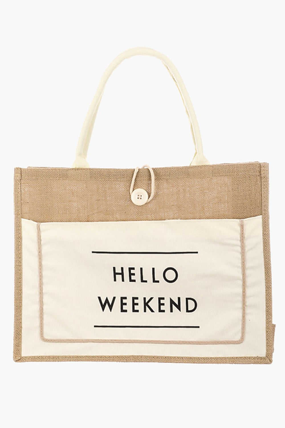 Fame Hello Weekend Burlap Tote Bag-HANDBAGS-[Adult]-[Female]-Ivory-One Size-2022 Online Blue Zone Planet