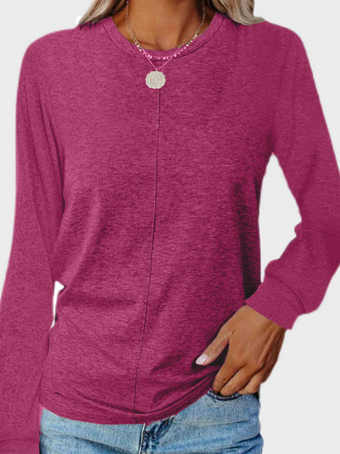 Full Size Round Neck Long Sleeve T-Shirt-TOPS / DRESSES-[Adult]-[Female]-Deep Rose-S-2022 Online Blue Zone Planet