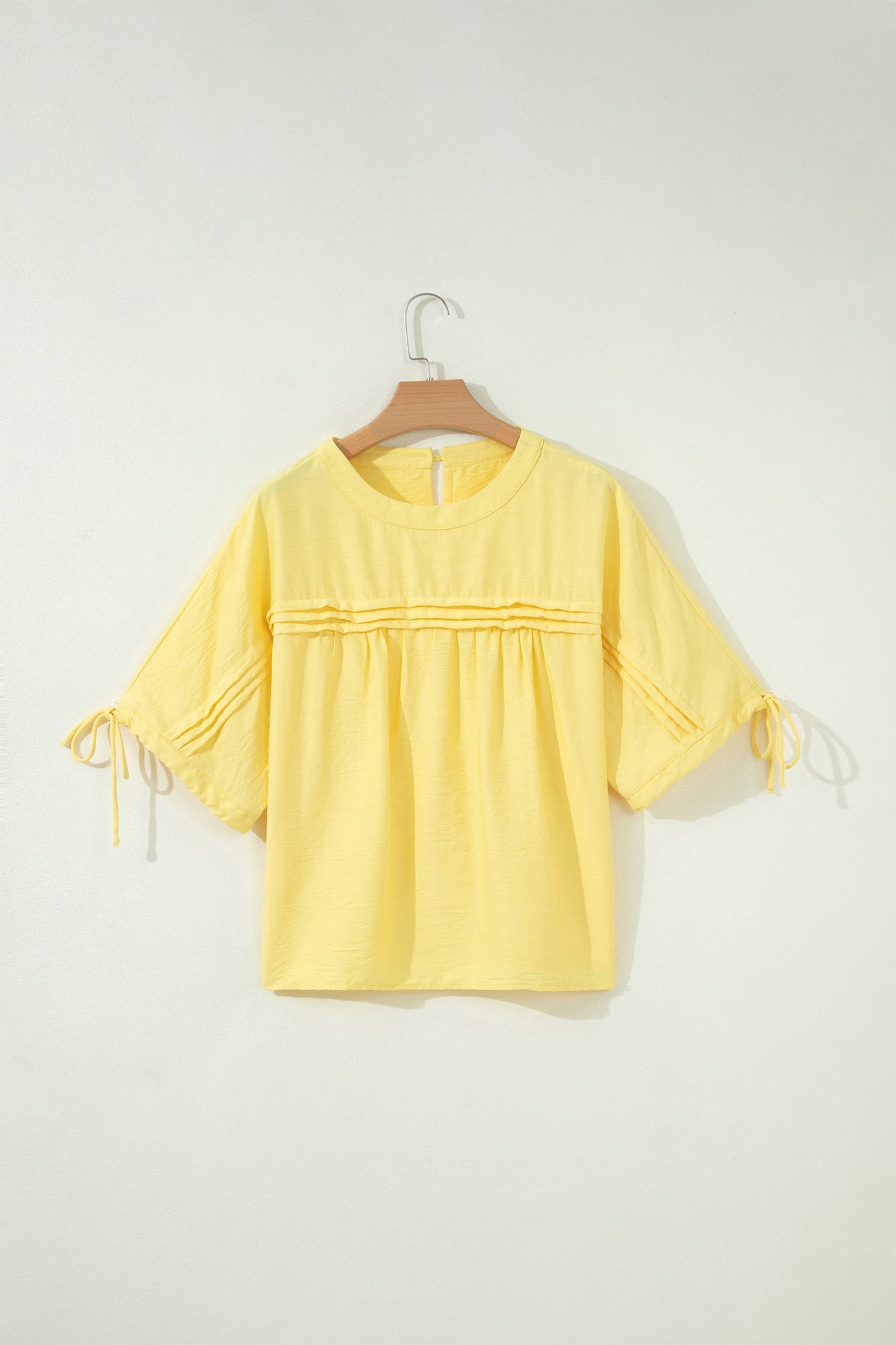 Yellow Cream Tie Half Sleeve Pleated Detail Babydoll Blouse-Tops/Blouses & Shirts-[Adult]-[Female]-2022 Online Blue Zone Planet