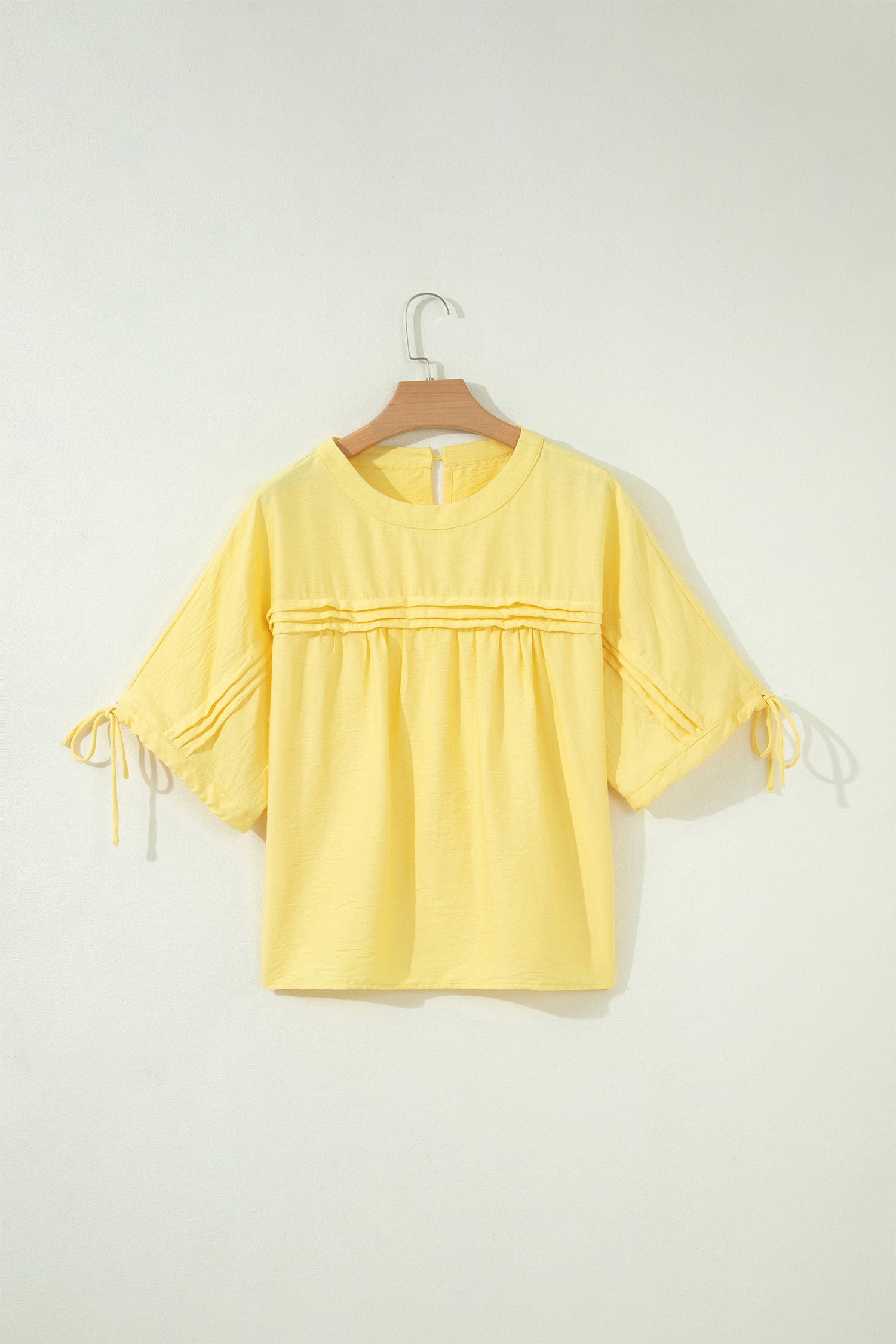 Yellow Cream Tie Half Sleeve Pleated Detail Babydoll Blouse-Tops/Blouses & Shirts-[Adult]-[Female]-2022 Online Blue Zone Planet