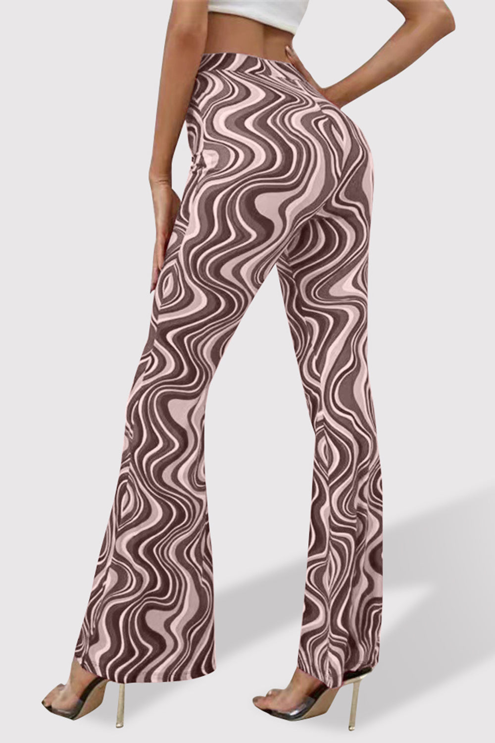 Printed High Waist Flare Pants-[Adult]-[Female]-Brown-S-2022 Online Blue Zone Planet