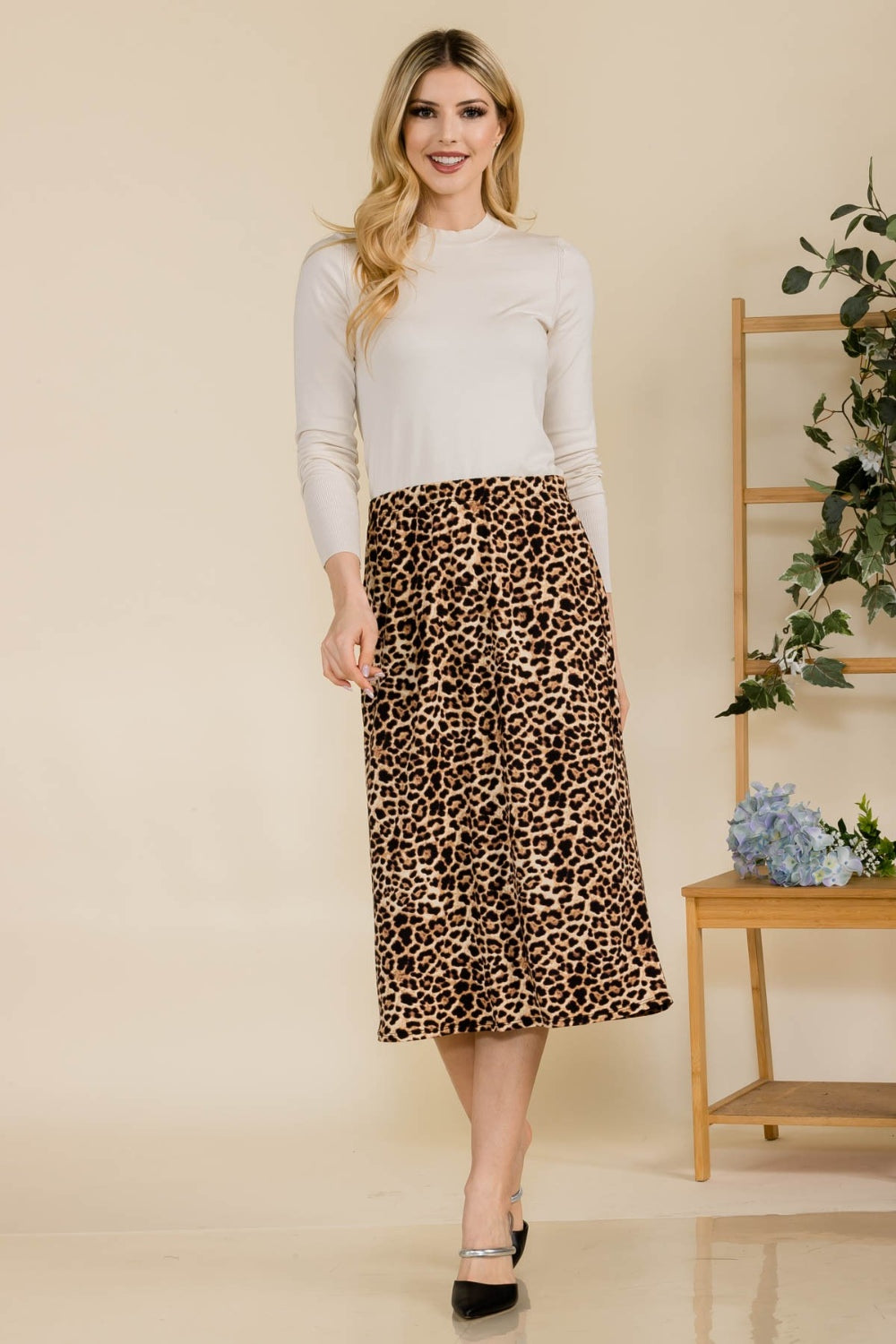 Celeste Full Size Leopard A-Line Midi Skirt-BOTTOMS SIZES SMALL MEDIUM LARGE-[Adult]-[Female]-2022 Online Blue Zone Planet