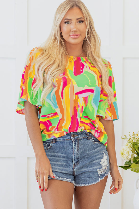 Multicolour Abstract Print Keyhole Back Pleated Half Sleeve Blouse-Tops/Blouses & Shirts-[Adult]-[Female]-Multicolour-S-2022 Online Blue Zone Planet