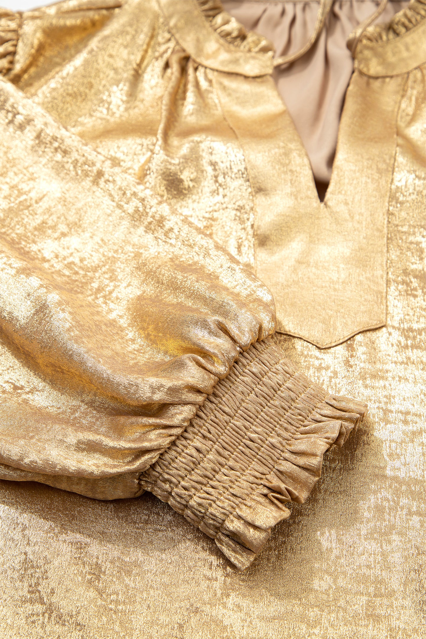 Gold Metallic Sheen V Neck Gathered Cuff Long Sleeve Blouse-Tops/Blouses & Shirts-[Adult]-[Female]-2022 Online Blue Zone Planet