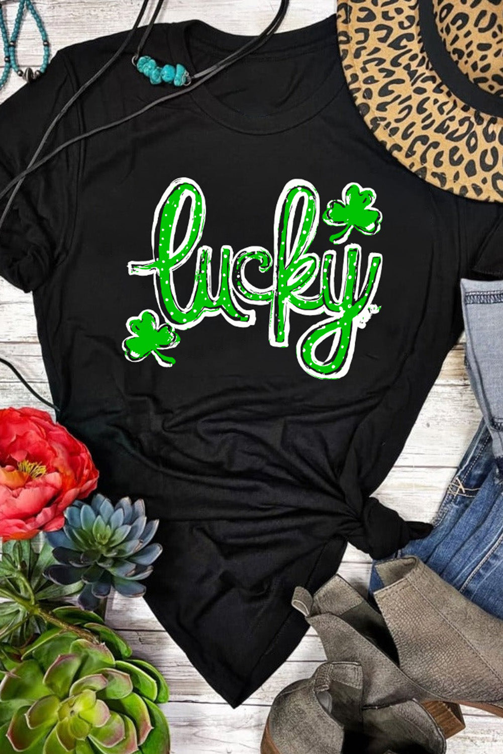 Black St. Patricks Lucky Clover Print O Neck T Shirt-Graphic/Graphic Tees-[Adult]-[Female]-2022 Online Blue Zone Planet