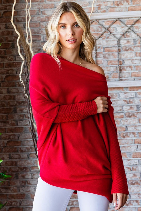 First Love Full Size Asymmetrical Hem Dolman Sleeve Sweater-TOPS / DRESSES-[Adult]-[Female]-Burgundy-One Size-Regular-2022 Online Blue Zone Planet