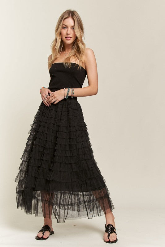 ADORA Elastic Waist Layered Mesh Midi Skirt-BOTTOM SIZES SMALL MEDIUM LARGE-[Adult]-[Female]-2022 Online Blue Zone Planet
