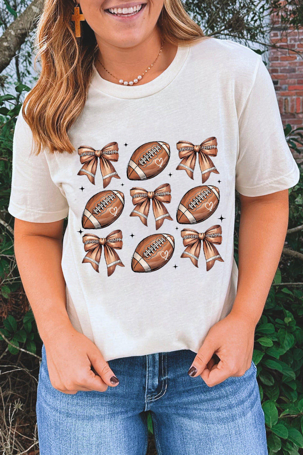 White Football Fashion Bow Print Cotton Blend T Shirt-Graphic/Graphic Tees-[Adult]-[Female]-White-S-2022 Online Blue Zone Planet