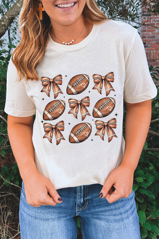 White Football Fashion Bow Print Cotton Blend T Shirt-Graphic/Graphic Tees-[Adult]-[Female]-White-S-2022 Online Blue Zone Planet