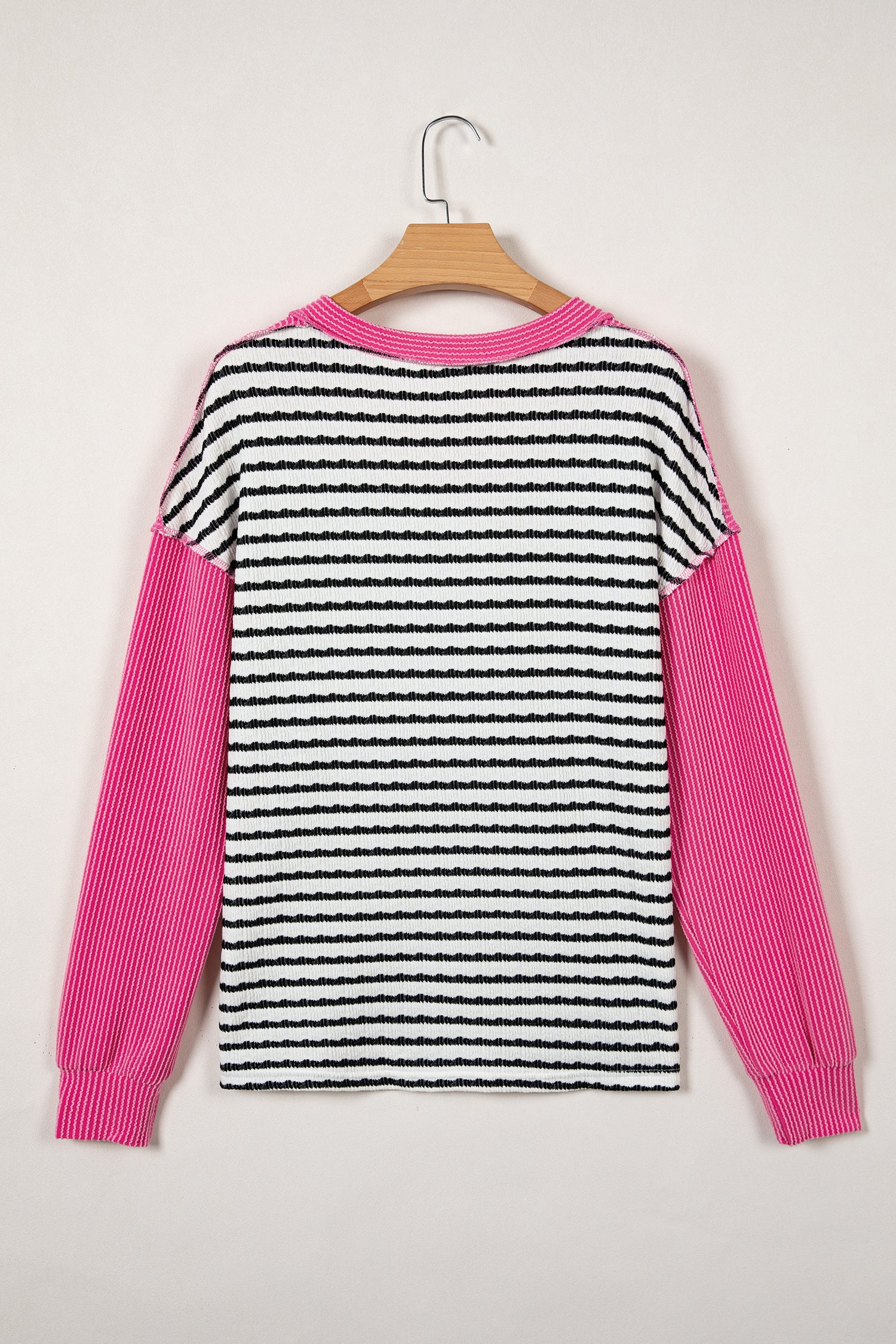 Black Stripe Textured Knit Twisted Rib Contrast Patchwork V Neck Long Sleeve Top-Tops/Long Sleeve Tops-[Adult]-[Female]-2022 Online Blue Zone Planet
